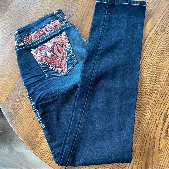 - - 🔥COOGI Size 5/6 Faux Animal Skin Blue Jeans Skinny Tapered Leg - Picture 1 of 8